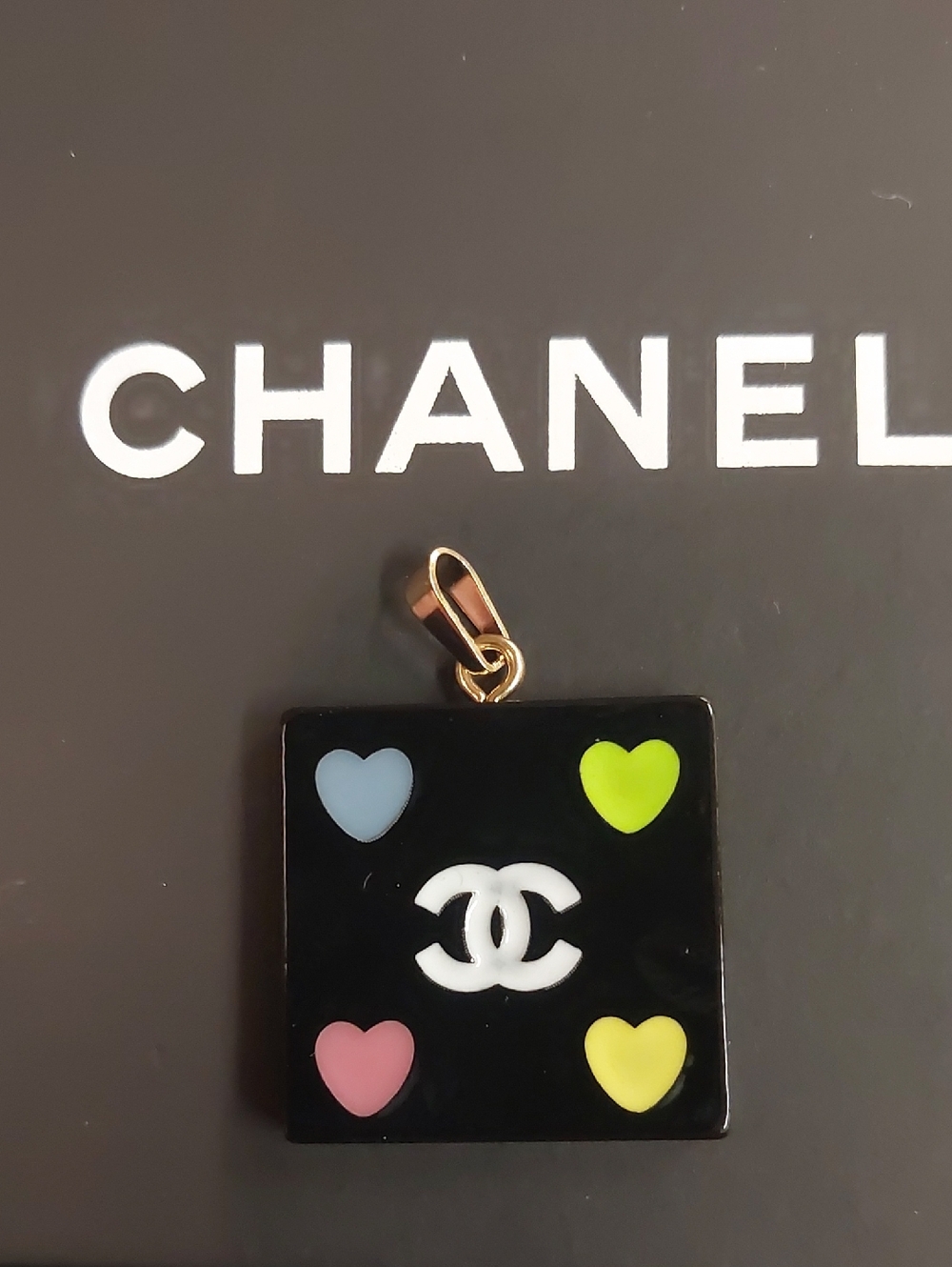 CC Boutique Black Enamel Square Pendant with Multicolor Hearts